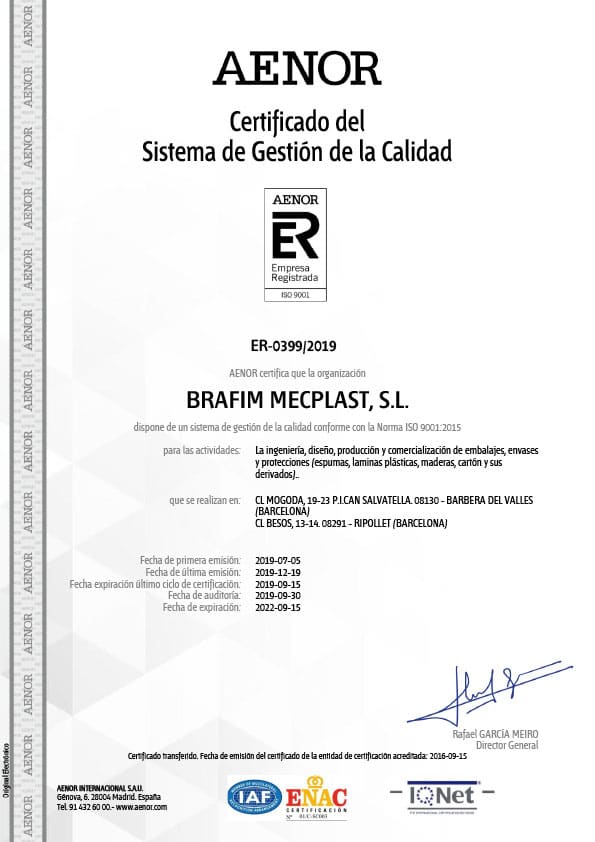 Certificado Aenor sistema gestion calidad Brafim