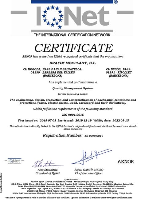 Certificado IQNet brafim Quality management systems