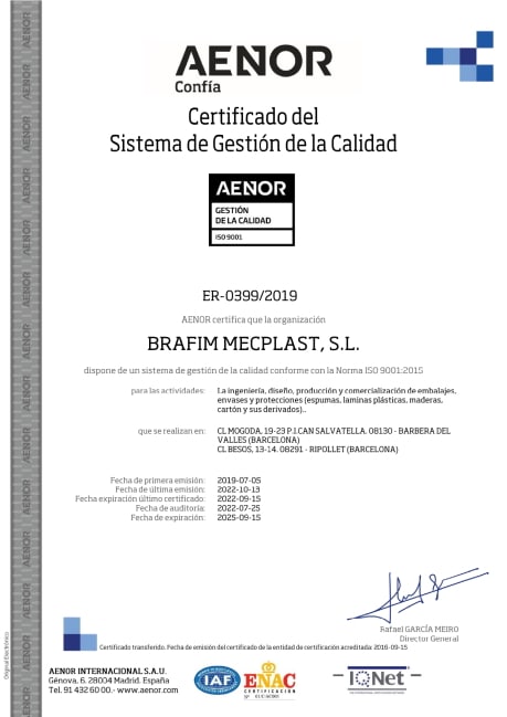 Certificado Aenor sistema gestion calidad Brafim