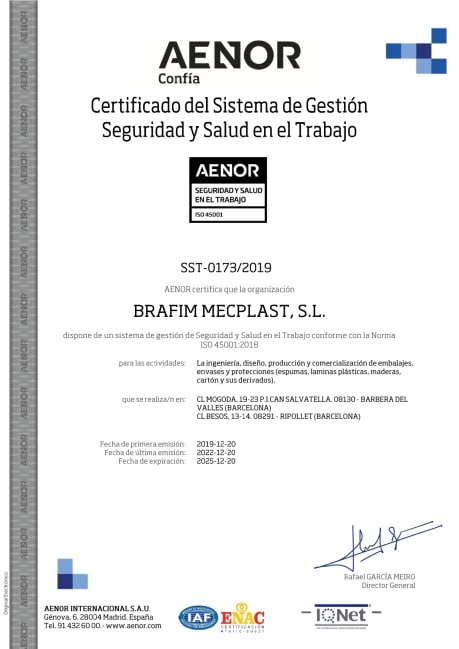Certificado Aenor seguridad salud Brafim